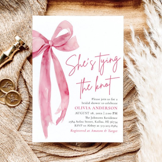 Rosa Bow Hon Gifter sig Möhippa Inbjudningar (Watercolor Blush Pink Bow Coquette She's Tying the Knot Bridal Shower Invitation)