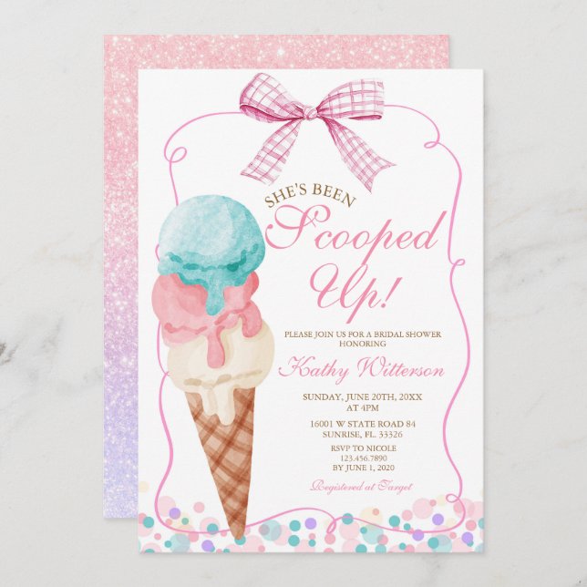 Rosa Bow Hon har varit Scoop Ice Cream Möhippa Inbjudningar (Fram/baksida)