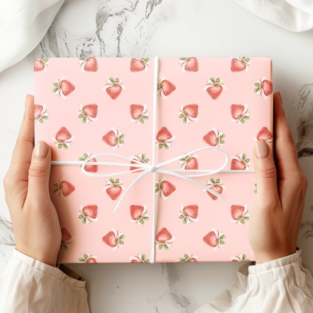 Rosa Bow i jordgubbsbär Mönster Coquette Presentpapper (Skapare uppladdad)