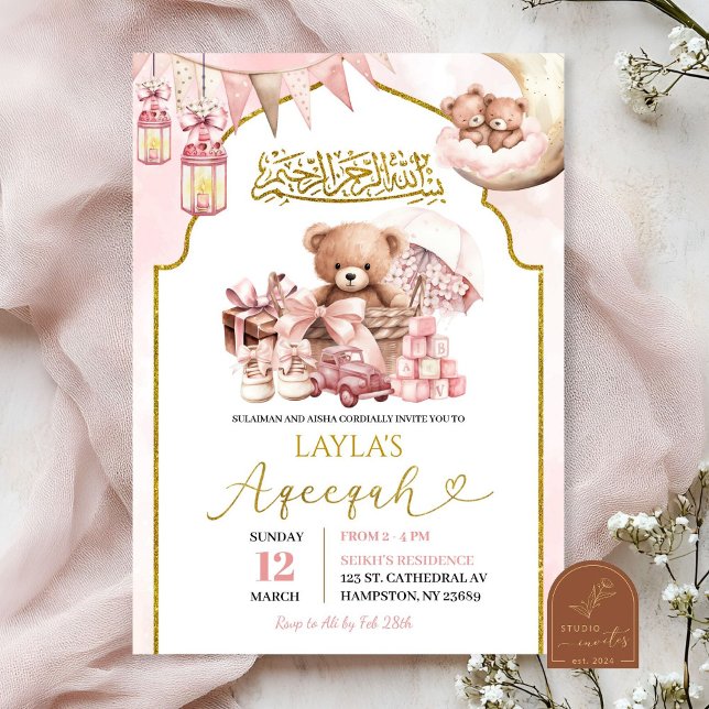 Rosa Bow Islamic Aqeqah Girl Baby Announcement Inbjudningar (Skapare uppladdad)