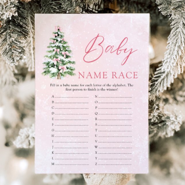 Rosa Bow jul Baby Namn Tävling Baby Shower Game Inbjudningar (Pink Bow Christmas Baby Name Race Baby Shower Game)