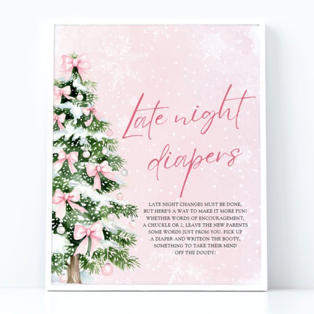Rosa Bow jul Baby Shower Late Night Diaper Poster (Pink Bows Christmas Baby Shower Late Night Diapers Game Sign)