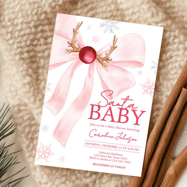 Rosa Bow jul Snöflingor Baby Shower Inbjudningar (Coquette Pink Bow Santa Baby Christmas Baby Shower Invitation)