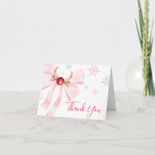 Rosa Bow jul Snöflingor Baby Shower Tack Kort (Framsida)
