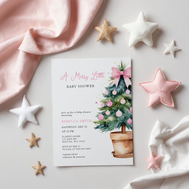 Rosa Bow Julgran Merry Little Baby Shower Inbjudningar (Pink Bow Christmas Tree Merry Little Baby Shower Invitation)