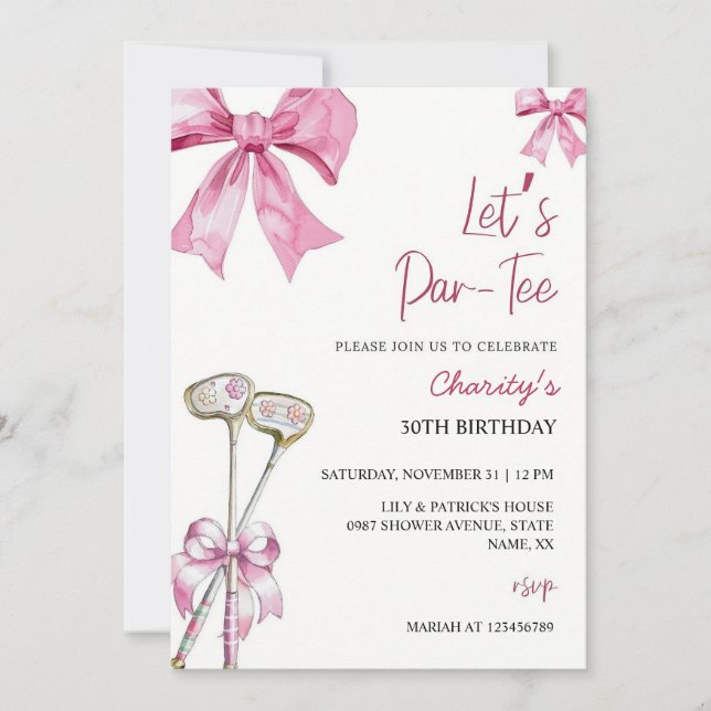 Rosa Bow & Klubb Golf Birthday-inbjudan Låt oss Pa Inbjudningar (Framsida)
