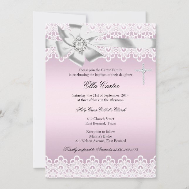 Rosa Bow & Lace Cross Flickdop Invitation Inbjudningar (Framsida)
