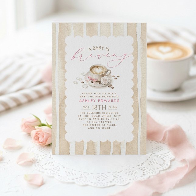 Rosa Bow Latte Coffee Flicka Baby Shower Inbjudan (A Baby Is Brewing Latte Coffee Themed Girl Baby Shower Invitations)
