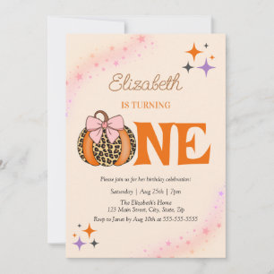 Rosa Bow Leopard Pumpkin Girl 1st Birthday Inbjudningar