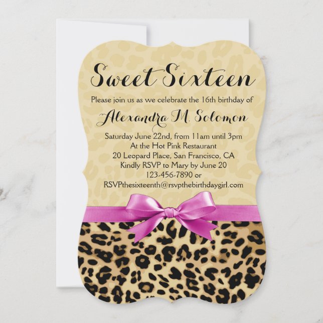 Rosa Bow Leopard Sweet 16-partsinbjudan Inbjudningar (Framsida)
