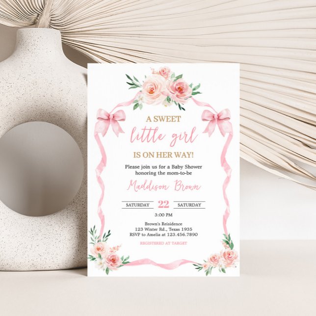  Rosa Bow Little Girl Baby Shower Inbjudningar (Pink Floral Bow Little Girl Baby Shower Invitation)
