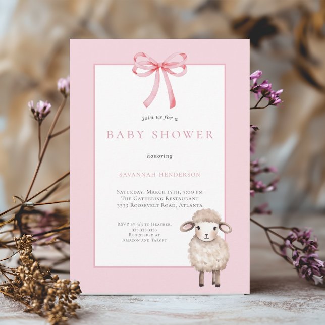 Rosa Bow Little Lamb Baby Shower Inbjudningar (Skapare uppladdad)