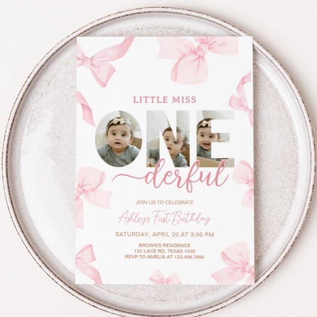 Rosa Bow Little Miss Photo Födelsedagsfest Inbjudningar (Pink Little Miss Onederful Photo Birthday Party Invitation)