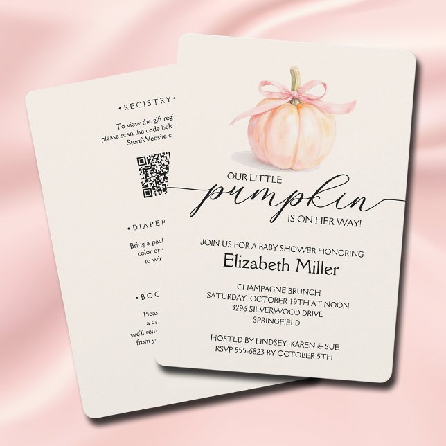 Rosa Bow Little Pumpkin Baby Shower allt i ett Inbjudningar (Pink ribbon bow little pumpkin girl baby shower all in one invitations)