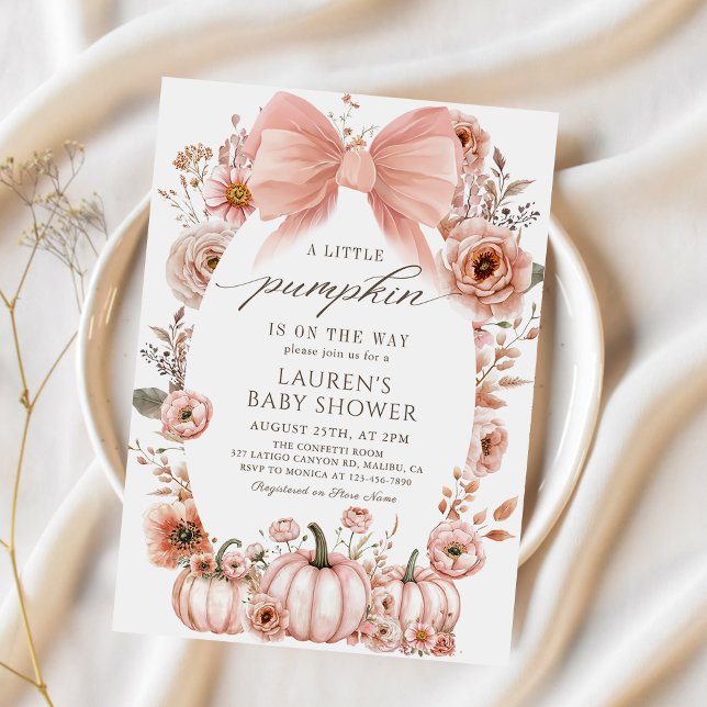 Rosa Bow Little Pumpkin Baby Shower-inbjudan Inbjudningar (Skapare uppladdad)