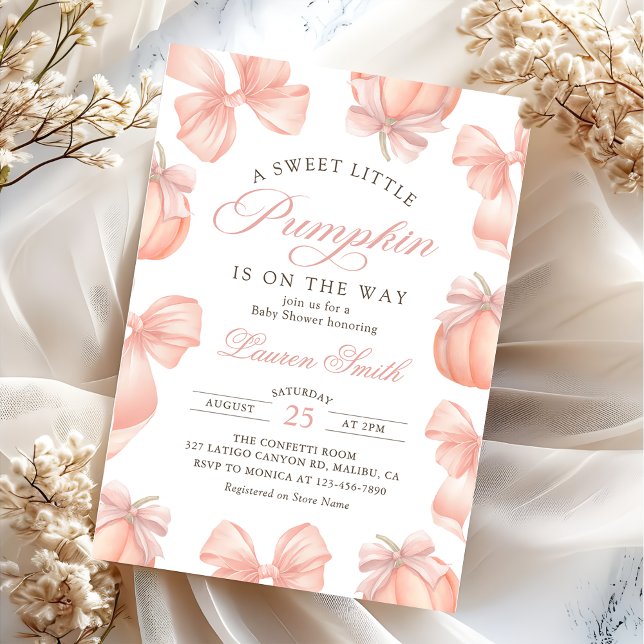 Rosa Bow Little Pumpkin Baby Shower-inbjudan Inbjudningar (Skapare uppladdad)