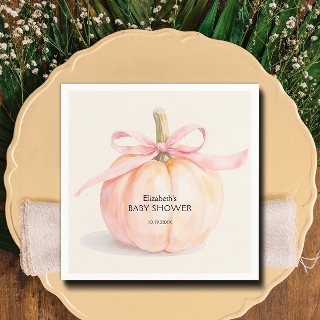 Rosa Bow Little Pumpkin Baby Shower Pappersservett (Pink Bow Little Pumpkin Girl Baby Shower Napkins)