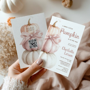 Rosa Bow Little Pumpkin Baby Shower QR Code Inbjudningar