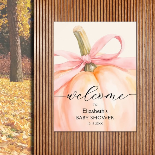 Rosa Bow Little Pumpkin Baby Shower Välkommen Poster (Girl baby shower pumpkin welcome poster, PRINTED and/or INSTANT DOWNLOAD, choose size when ordering)