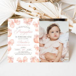 Rosa Bow Little Pumpkin Birthday Photo-inbjudan Inbjudningar