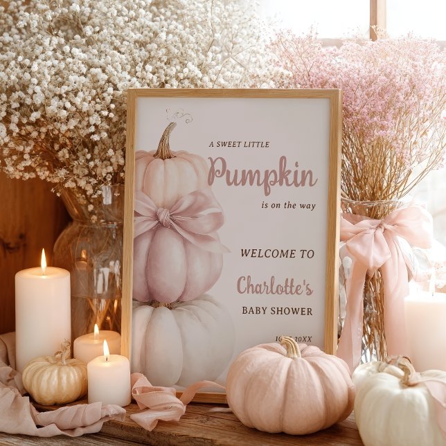 Rosa Bow Little Pumpkin Girl Baby Shower Välkommen Poster (Pink Bow Little Pumpkin Girl Baby Shower Welcome Poster)