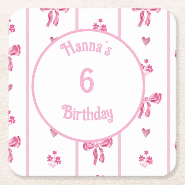 Rosa Bow Lodrät Rand - preppy coquette Underlägg Papper Kvadrat (Framsidan)