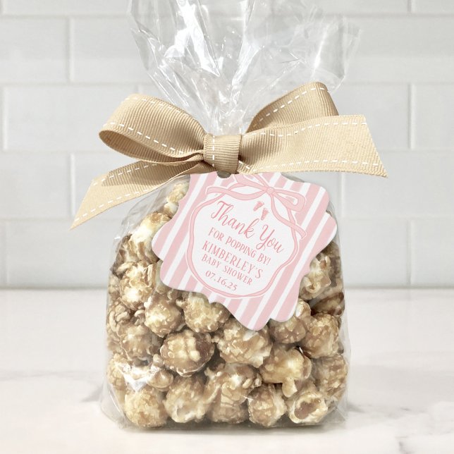 Rosa Bow med Rand Popcorn Baby Shower Gåvor Etiketter (Skapare uppladdad)