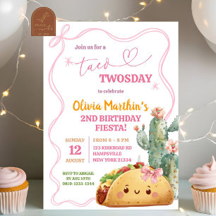 Rosa Bow Mexican Taco Tosday 2 Birthday Girl Inbjudningar