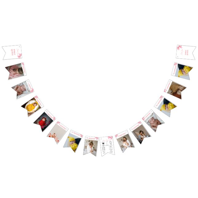 Rosa Bow Milestone Banner, 12 månader, födelsedag Vimplar (Alla)