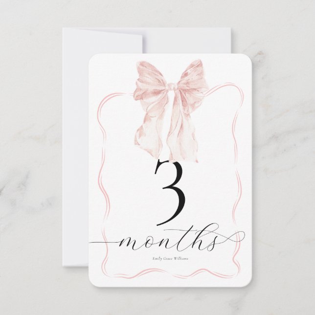 Rosa Bow Milestone-kort med fotopatruppen Baby - 3 Inbjudningar (Framsida)