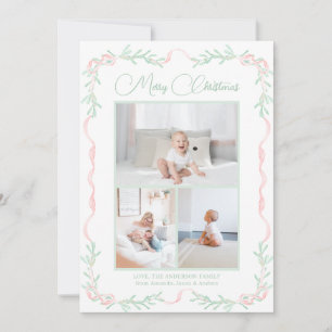 Rosa Bow Mistletoe Greenery jul Tre foton Julkort