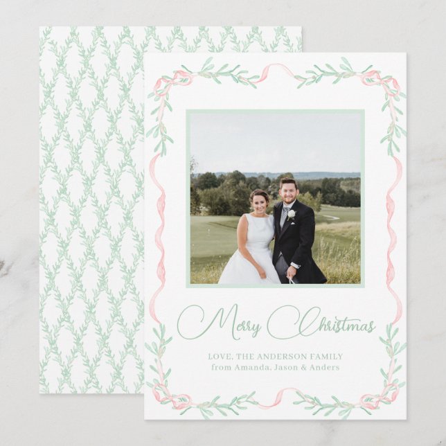 Rosa Bow Mistletoe Greenery julfoto Julkort (Fram/baksida)