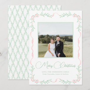 Rosa Bow Mistletoe Greenery julfoto Julkort