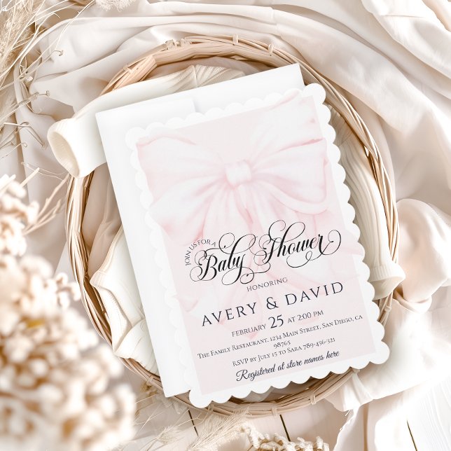 Rosa Bow Modern Elegant Girl Baby Shower Inbjudningar (Skapare uppladdad)