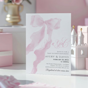 Rosa Bow Modern Elegant Girl Baby Shower Inbjudningar
