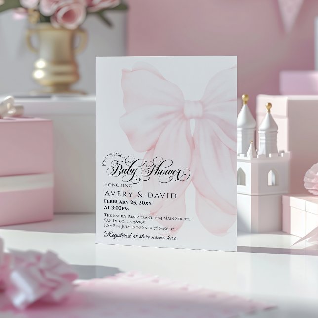 Rosa Bow Modern Elegant Girl Baby Shower Inbjudningar (Skapare uppladdad)
