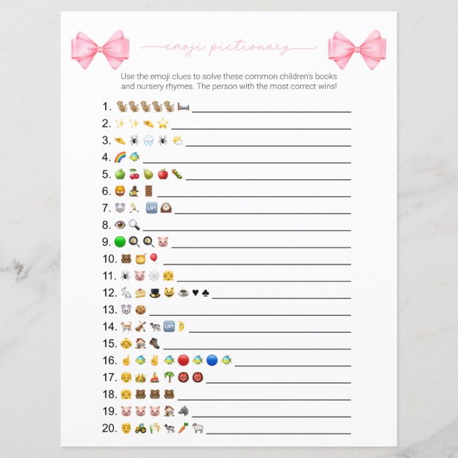 Rosa Bow Modern Emoji Bokar Baby Shower Game (Framsida)