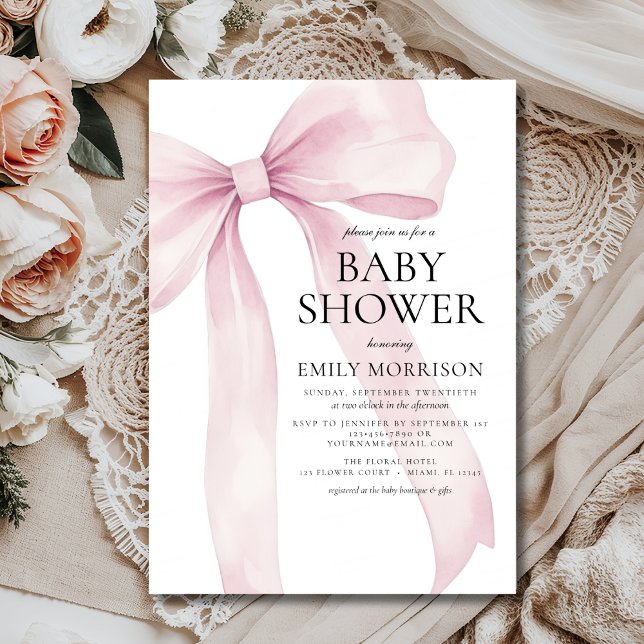  Rosa Bow Modern Girl Baby Shower Inbjudningar (Skapare uppladdad)