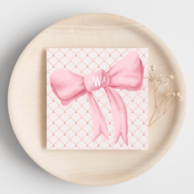 Rosa Bow Monogram Hearts Napkin Pappersservett (Skapare uppladdad)