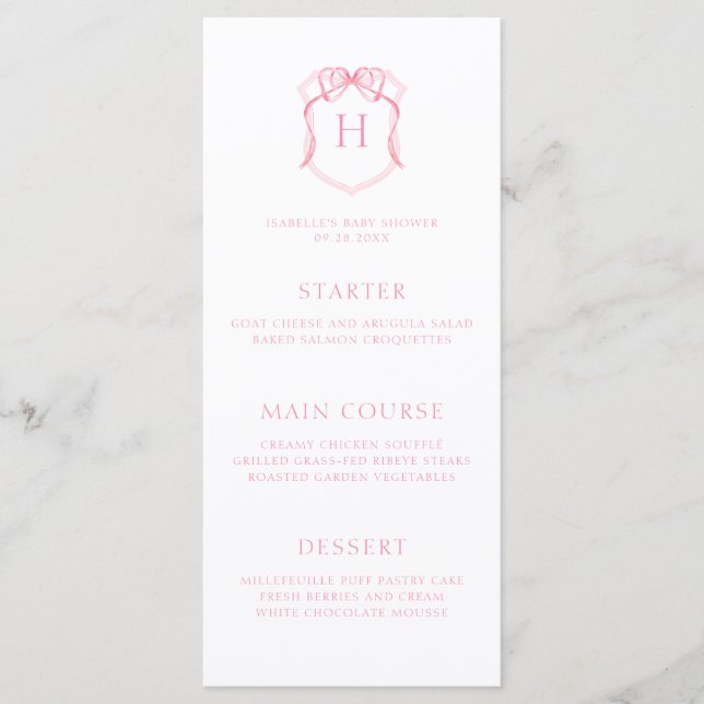 Rosa Bow Monogram Vapensköld Baby Shower Meny (Framsida)