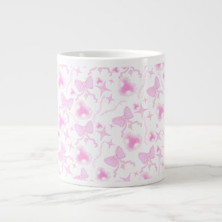 Rosa Bow Mönster Kawaii Hearts och Rosett band Jumbo Mugg