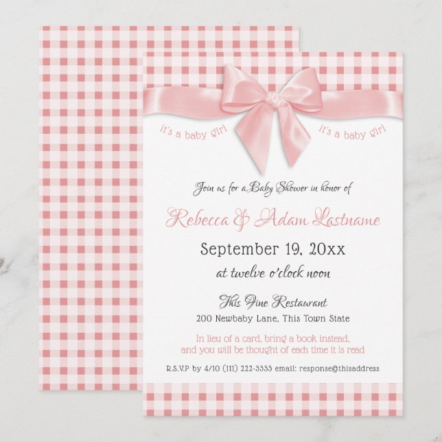 Rosa Bow och Gingham Check Baby Shower Inbjudningar (Fram/baksida)