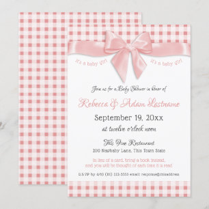 Rosa Bow och Gingham Check Baby Shower Inbjudningar