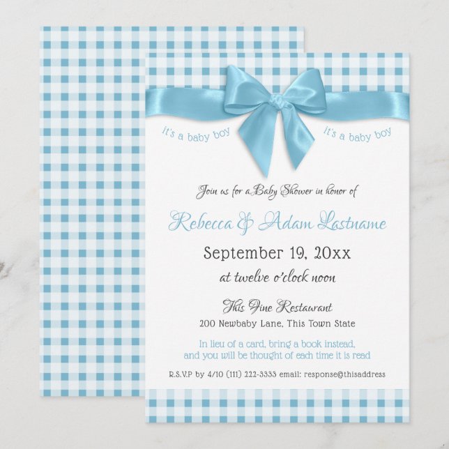 Rosa Bow och Gingham Check Baby Shower Inbjudningar (Fram/baksida)