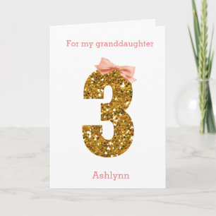 Rosa Bow och Guld Glitter 3:e födelsedagen Kort