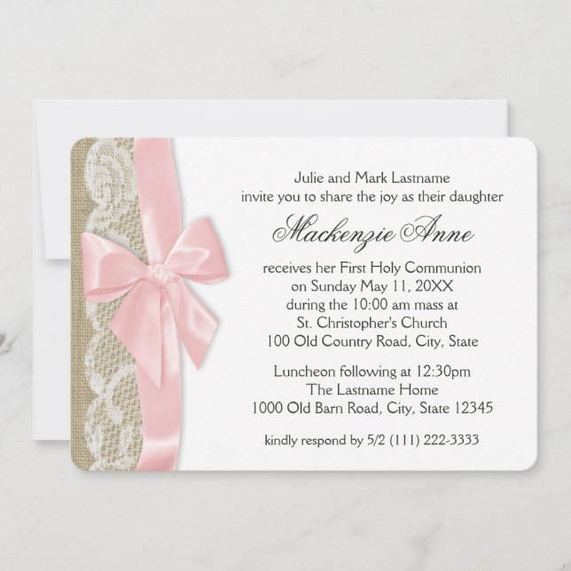 Rosa Bow och Snöre First Communion Inbjudningar (Framsida)