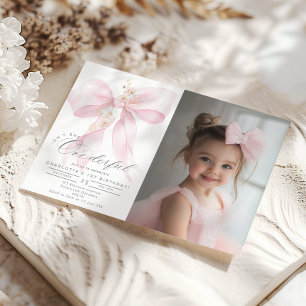 Rosa Bow Onederful flicka 1:a födelsedag Foto Inbjudningar