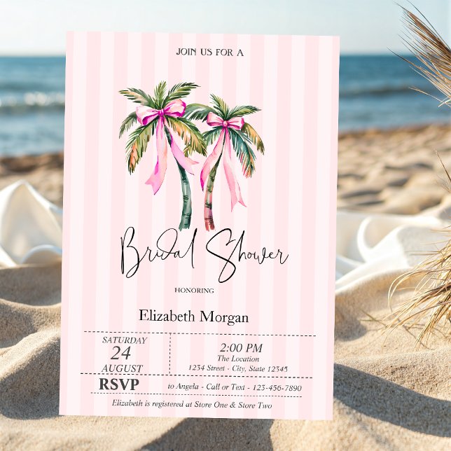 Rosa Bow Palms Rosa Ränder Bröllopsdusch  Inbjudningar (Skapare uppladdad)
