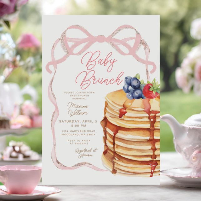 Rosa Bow Pancakes Baby Shower Brunch-inbjudan Inbjudningar (Skapare uppladdad)