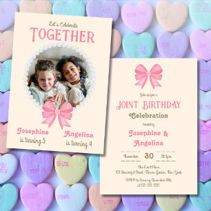 Rosa Bow Pearl Photo Girl Joint Birthday Inbjudningar